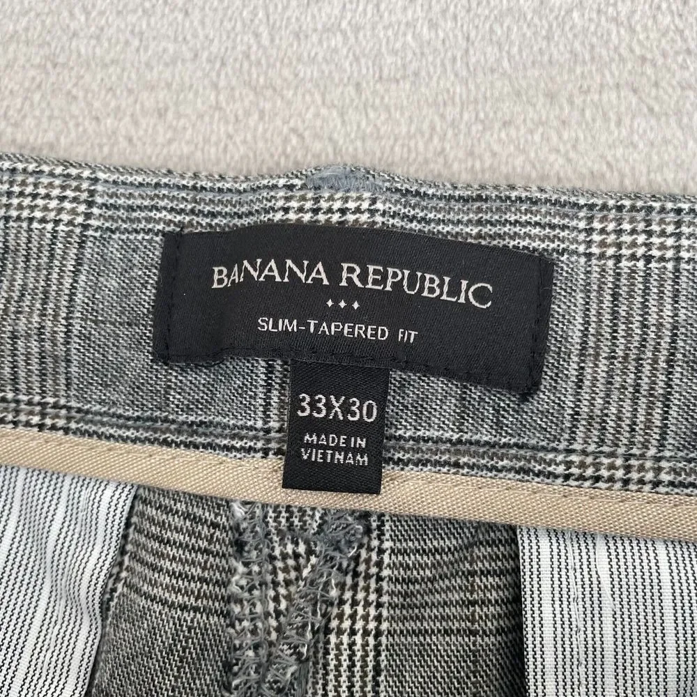 Banana Republic Plaid Grayson Pants Men 34x27‎ (Tag 33) Grey Slim Tapered Fit